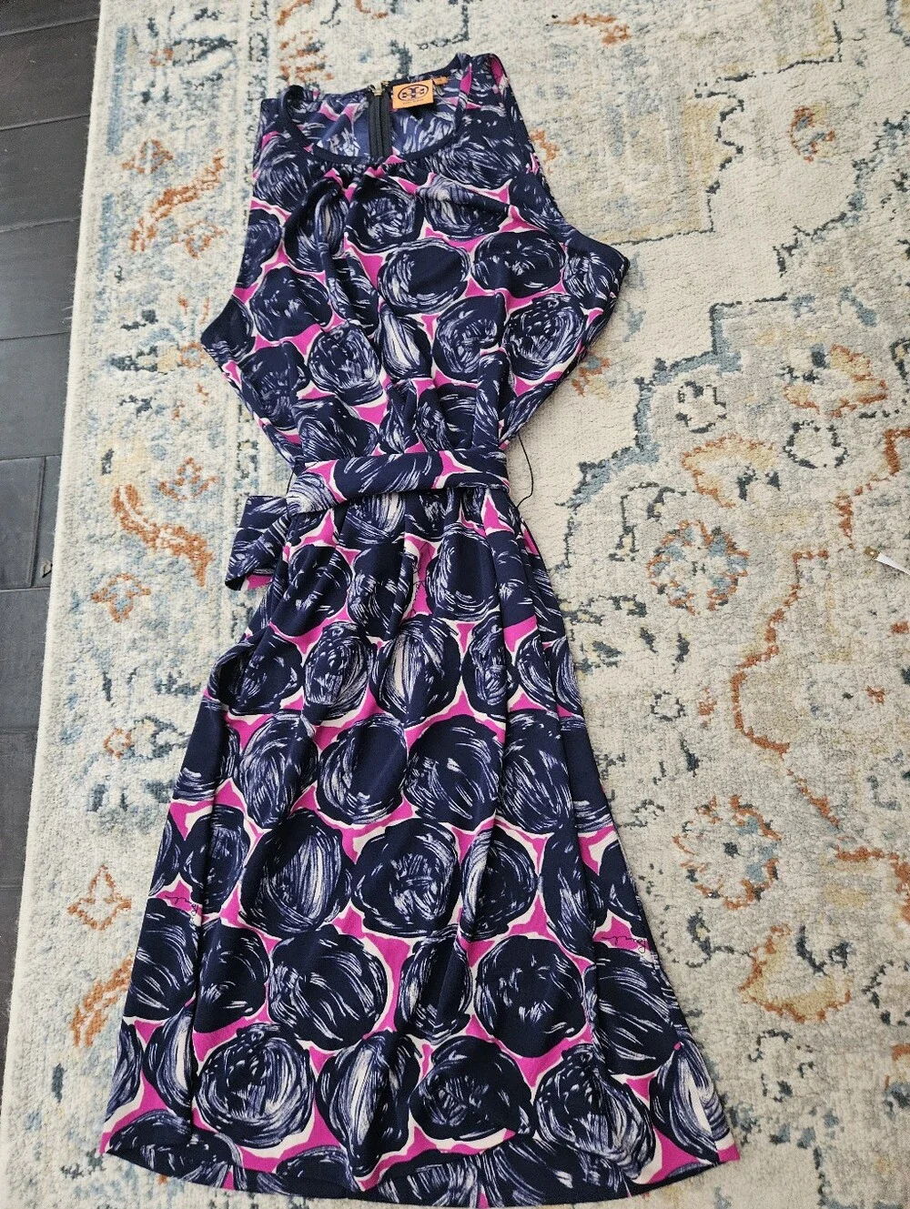 Tory Burch Flinnia Dress Wild Orchid Navy Pink Abstract Circle Size M